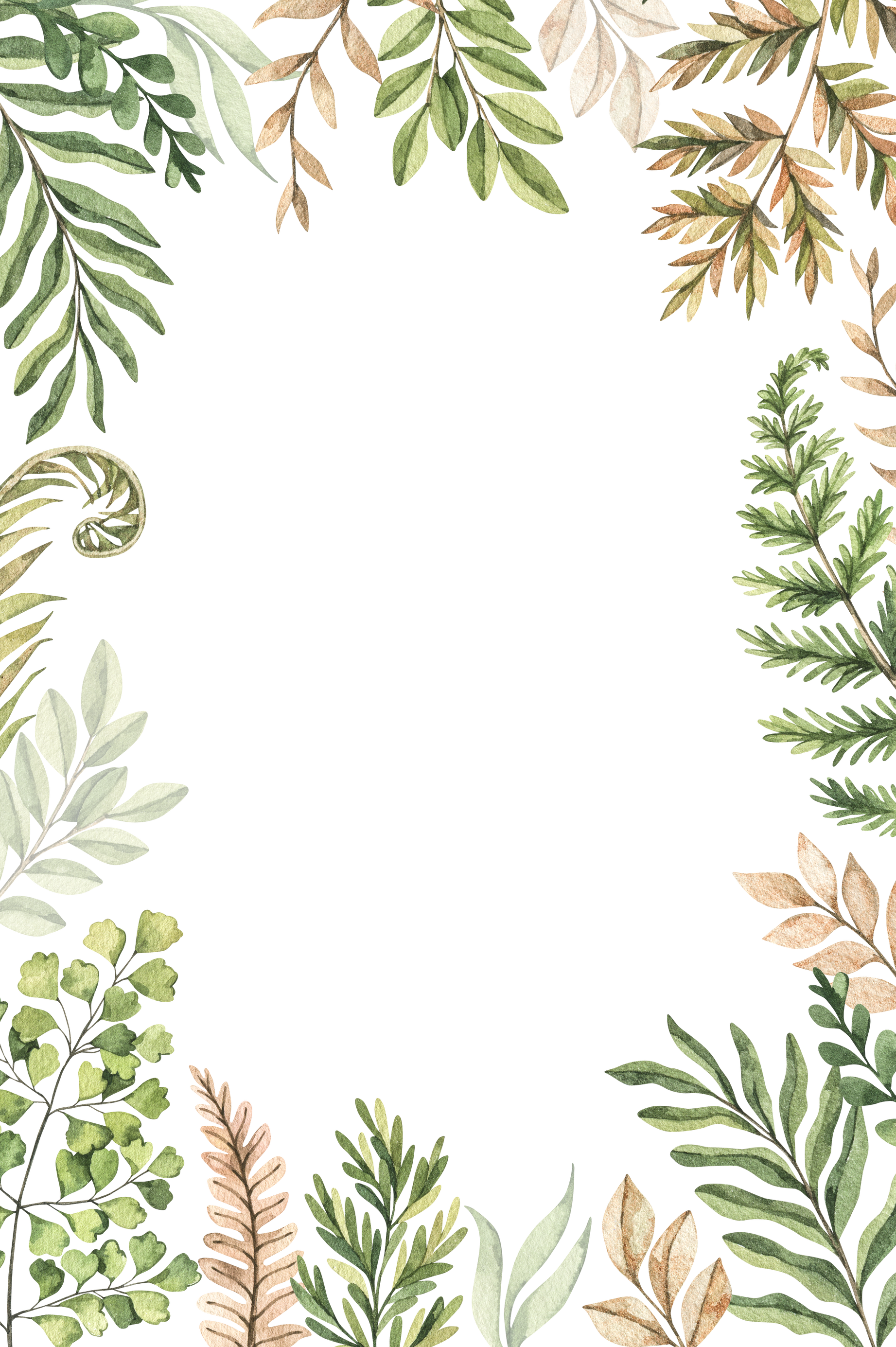 Watercolor Forest Frame with Greenery Leaves and Ferns